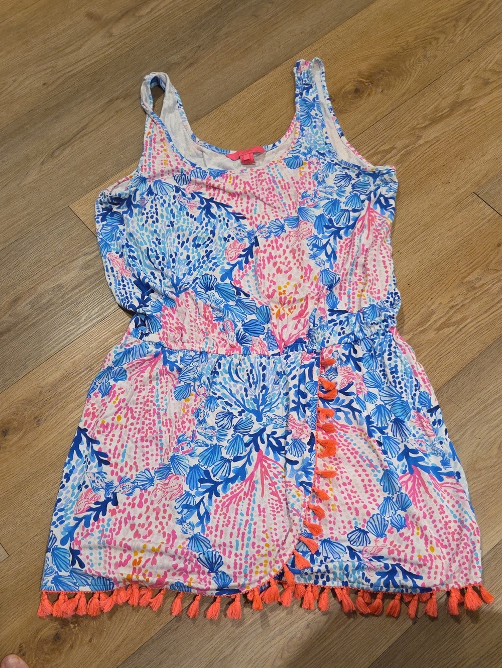 Lilly Pulitzer Blue, Pink & Orange Floral Tank Romper with Tassel Trim